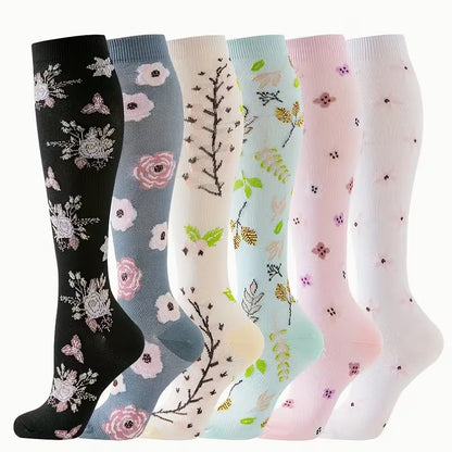 Chaussettes de Compression Élégantes – Pack Floral Nude (6 Paires)