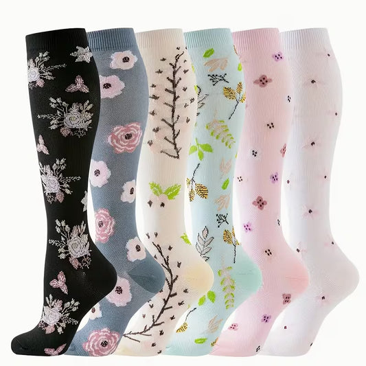 Chaussettes de Compression Élégantes – Pack Floral Nude (6 Paires)
