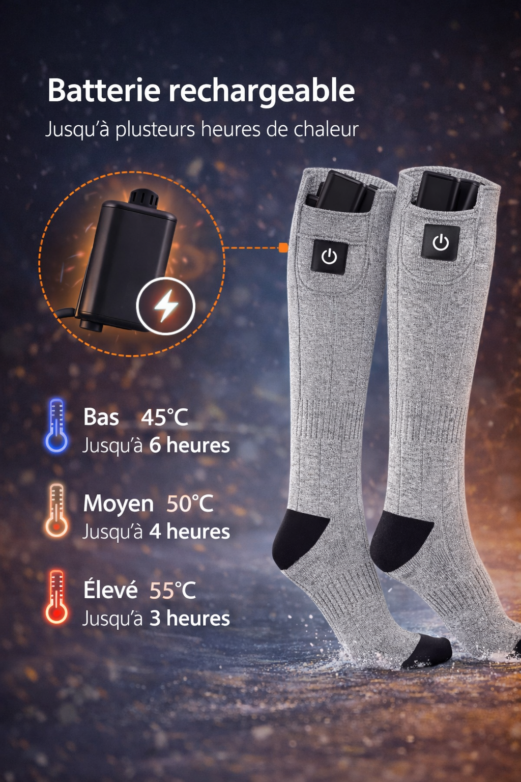 Chaussettes Chauffantes Électriques – Batterie Rechargeable & 3 Niveaux de Chaleur
