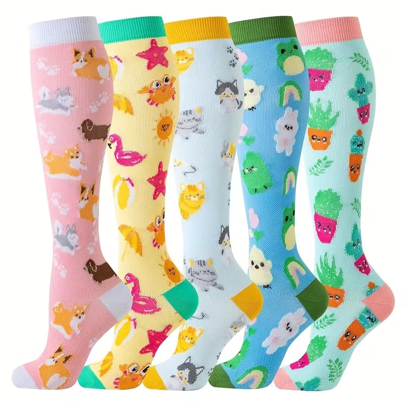 Chaussettes de contention unisexes – 5 paires confort & style (motifs animaux & couleurs vives)