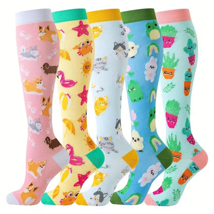 Chaussettes de contention unisexes – 5 paires confort & style (motifs animaux & couleurs vives)